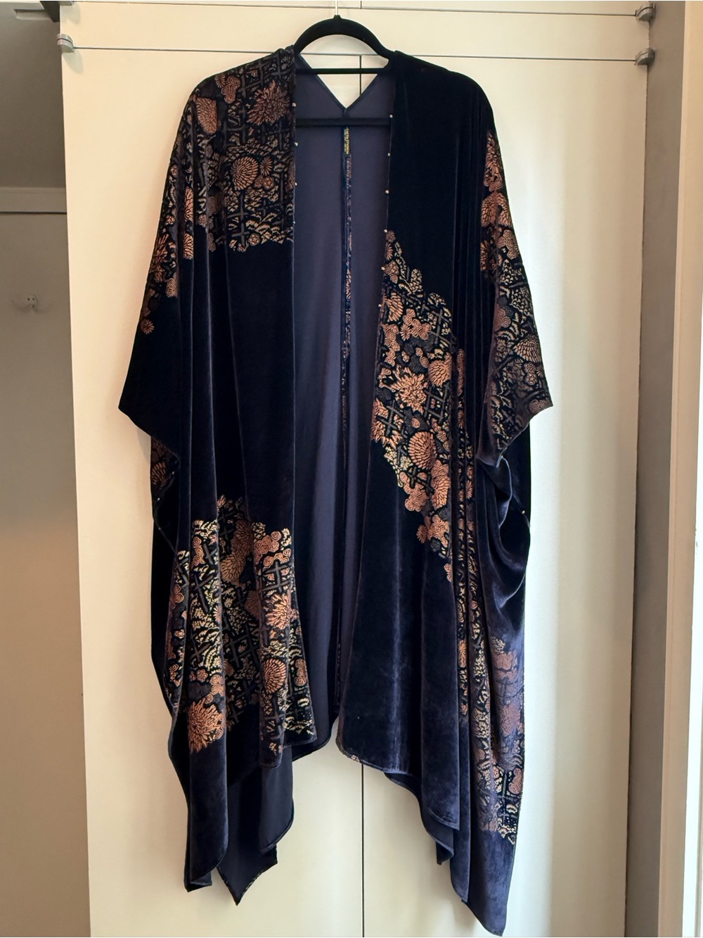 Silk Open-Front Kimono Cape in Navy with Copper Floral